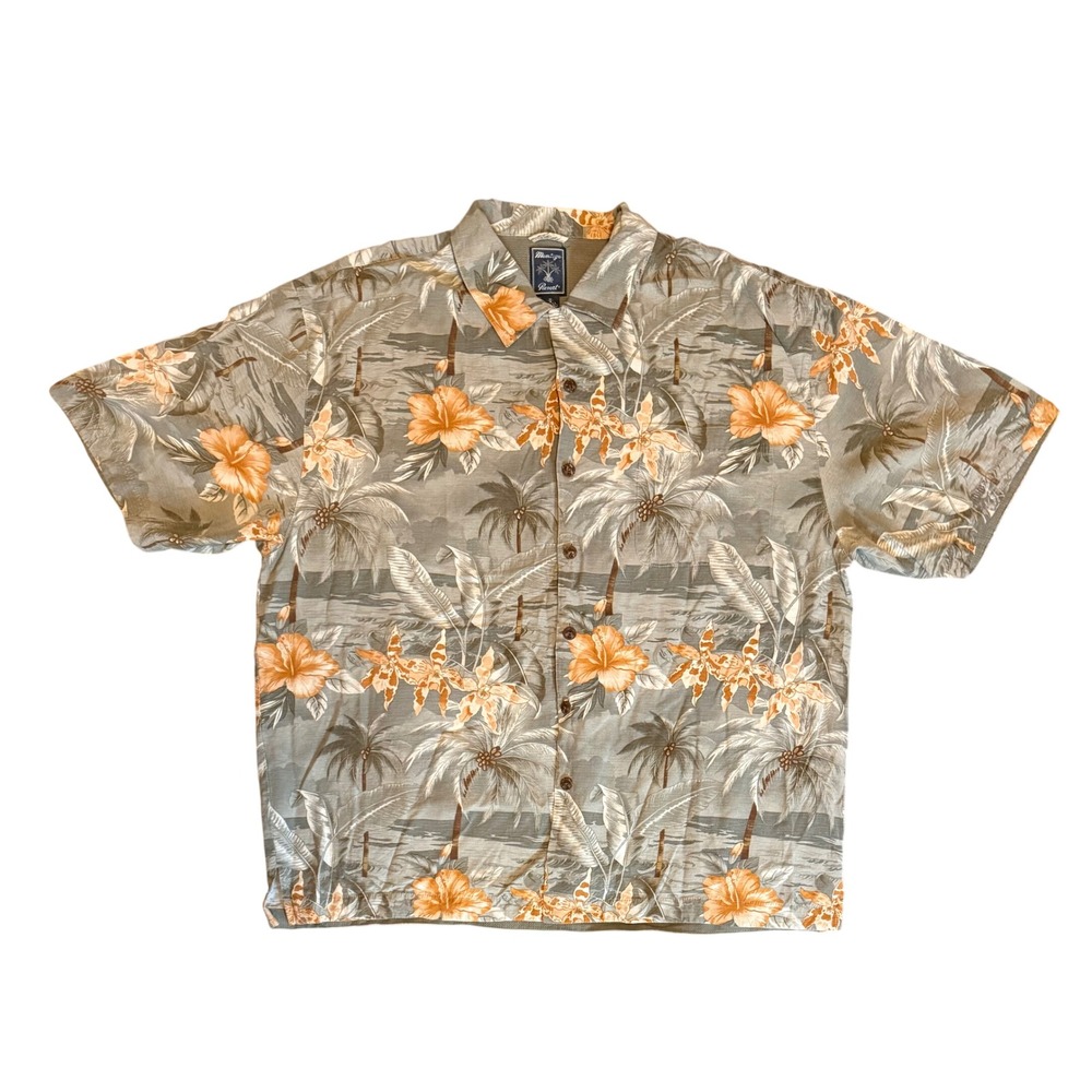 Montego Resort Tropical Palm Silk Button Down Shirt Mens XL Green Floral Camp